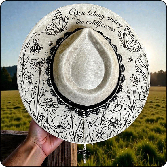 Wildflower Wanderer | Western Wide-Brim Hat | Vegan Suede | Laser Engraved