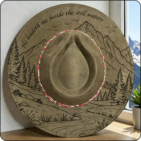 The Mountain Meadow | Wide Brim Fedora Hat | Vegan Suede | Laser Engraved