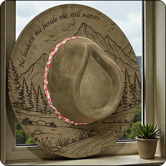 The Mountain Meadow | Wide Brim Fedora Hat | Vegan Suede | Laser Engraved