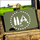 Engraved Second Amendment rights design on a slim metal wallet, featuring 2A symbolism