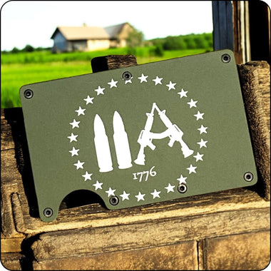 Engraved Second Amendment rights design on a slim metal wallet, featuring 2A symbolism
