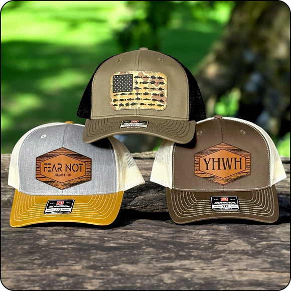 Collection of Richardson 112 trucker hats in various colors, perfect for custom patches and corporate logos