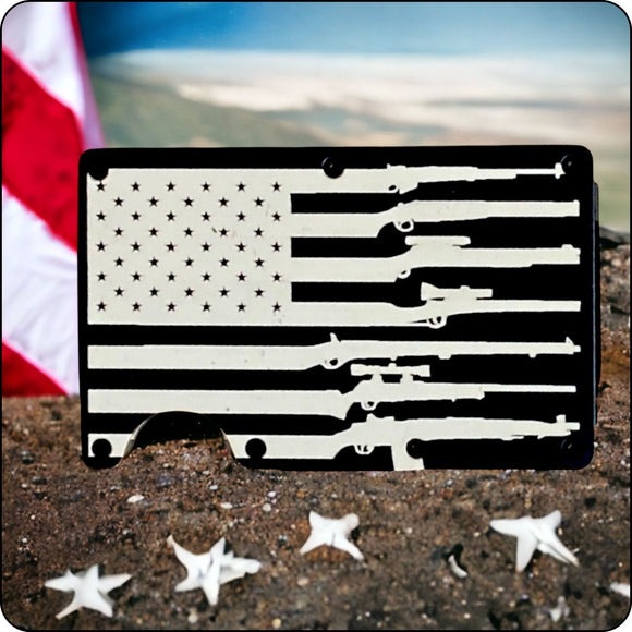 Minimalist wallet with engraved American flag and firearm design for gun rights supporters
