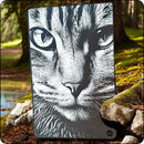 Slim metal wallet with engraved cat face design, perfect for cat lovers