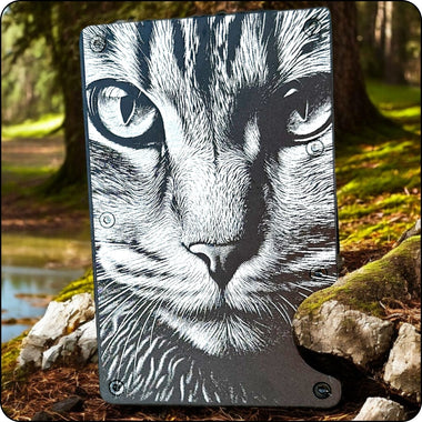 Slim metal wallet with engraved cat face design, perfect for cat lovers