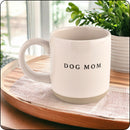 Minimalist Dog Mom stoneware mug displayed on a kitchen tray, styled for a cozy morning