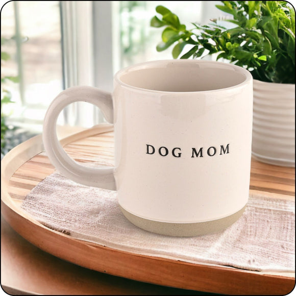 Minimalist Dog Mom stoneware mug displayed on a kitchen tray, styled for a cozy morning