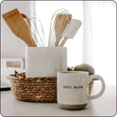 Dog Mom stoneware mug on a modern kitchen counter with utensils, perfect for stylish home decor