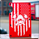 Engraved firefighter flag design on a minimalist wallet, honoring first responders