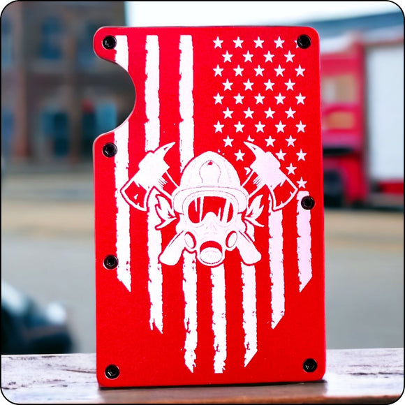 Engraved firefighter flag design on a minimalist wallet, honoring first responders