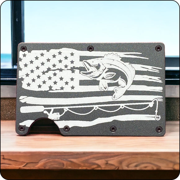 Slim metal wallet featuring an engraved American flag with a fishing theme