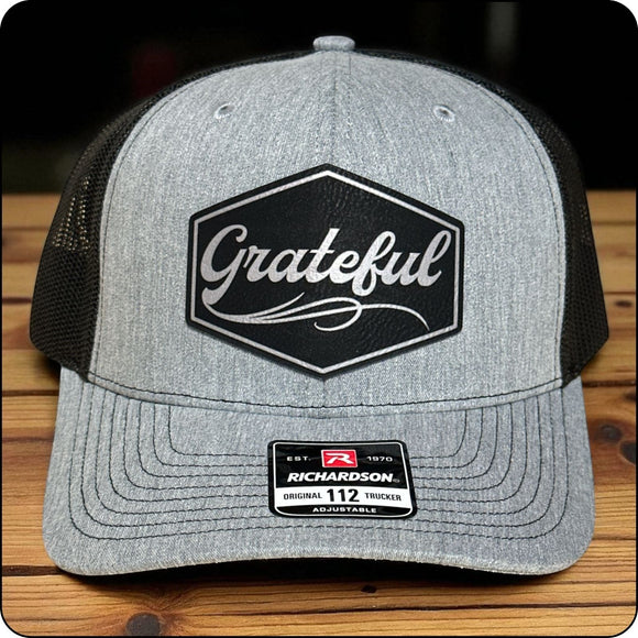 Gray and black Richardson 112 cap with black engraved silver 'Grateful' leather patch 