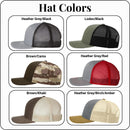 Available colors for Richardson 112 trucker hat, including black, heather gray, loden, and camo