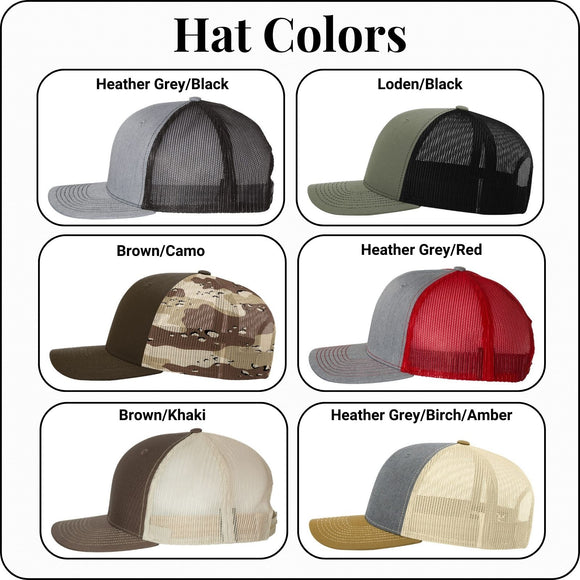 Available colors for Richardson 112 trucker hat, including black, heather gray, loden, and camo