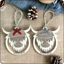 Handmade wooden Highland cow ornament with two-layer design for a 3D effect