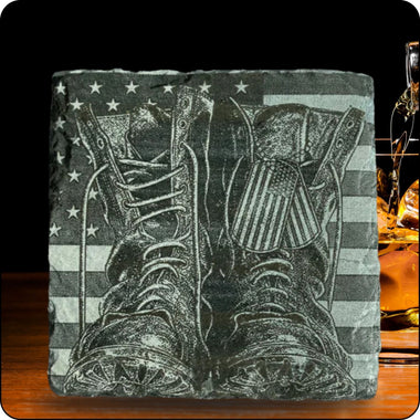 Set of 4 military boots slate coasters with detailed engraved design, perfect for veterans and patriots