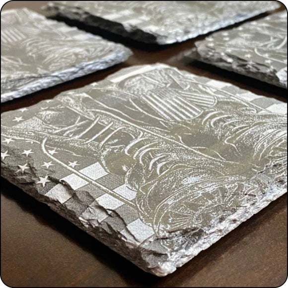 Close-up of military boots slate coaster edges, showcasing natural stone texture and durability