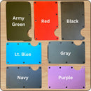 Available colors for slim metal wallet, including black, green, and navy