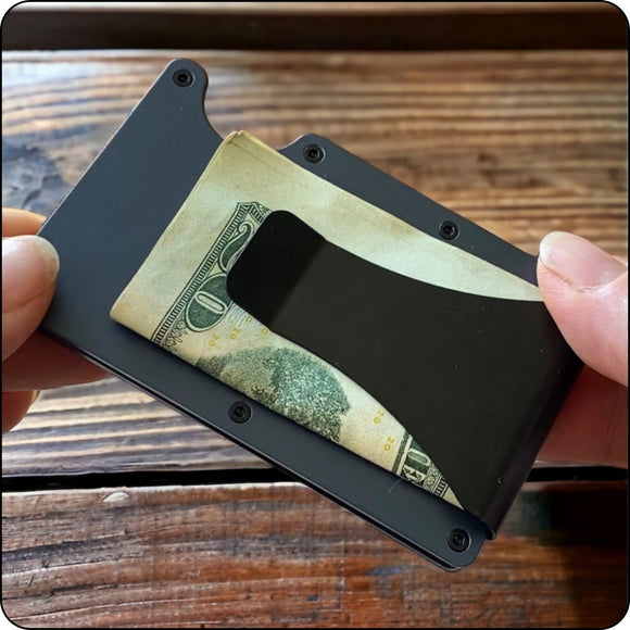 Back view of a minimalist wallet featuring a durable cash clip for secure storage