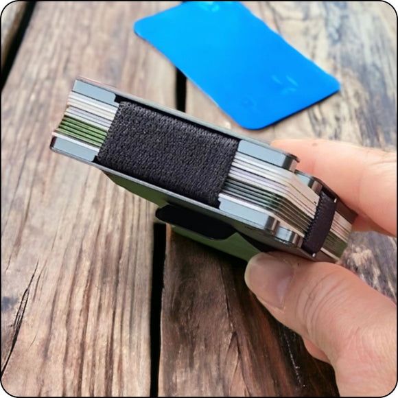 Side profile of a compact, lightweight metal wallet with a slim design